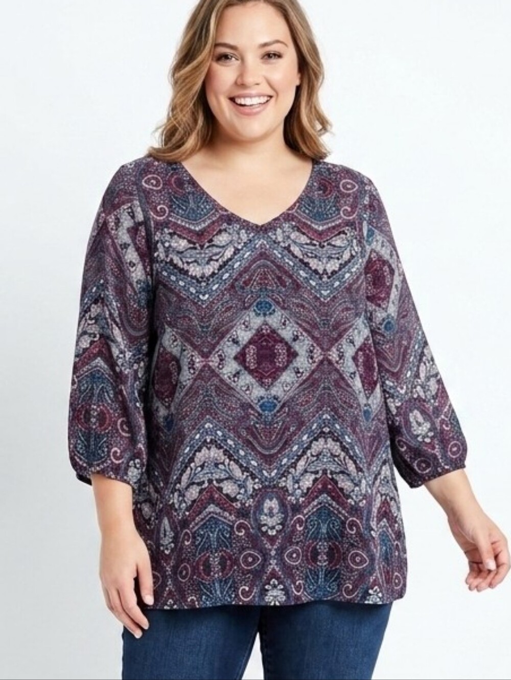 Maurices 3/4 Sleeve Lattice Back Bohemian Paisley Blouse